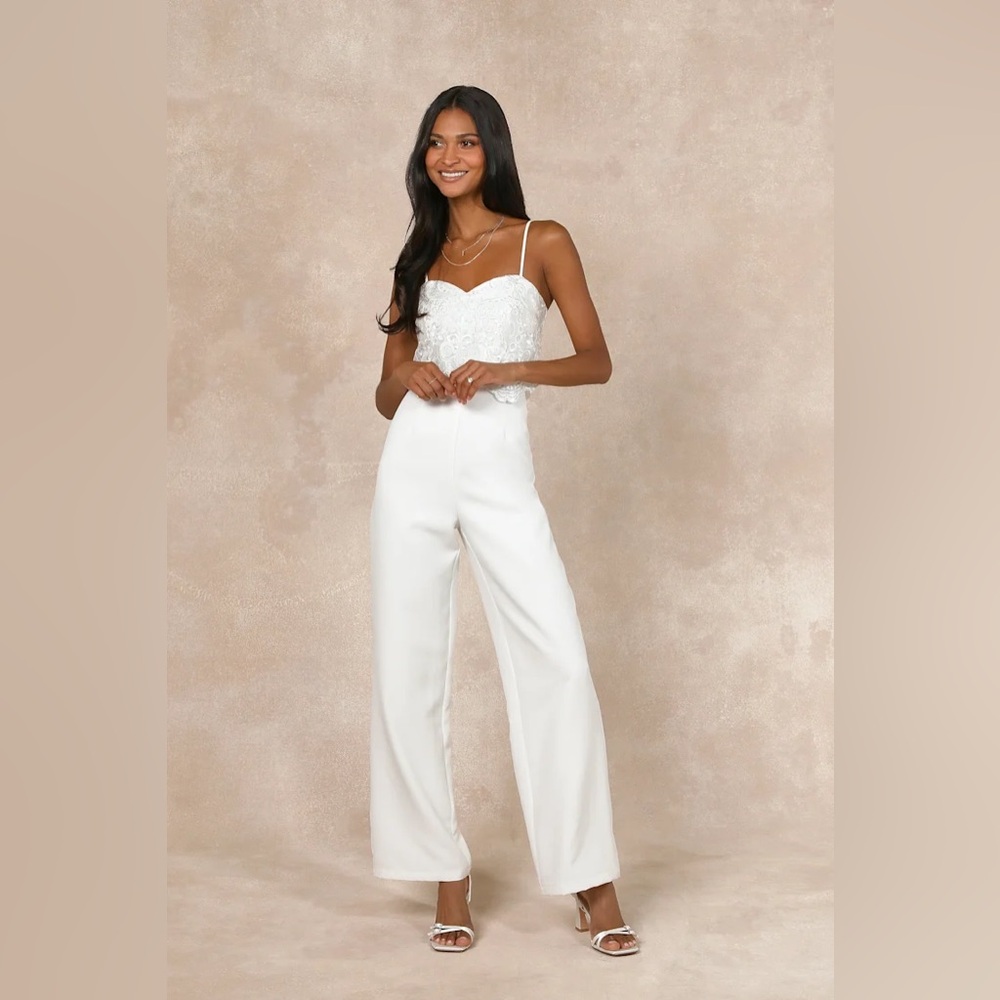 Exquisite Posture White Floral Embroidered Tiered Jumpsuit (Great for Brides)